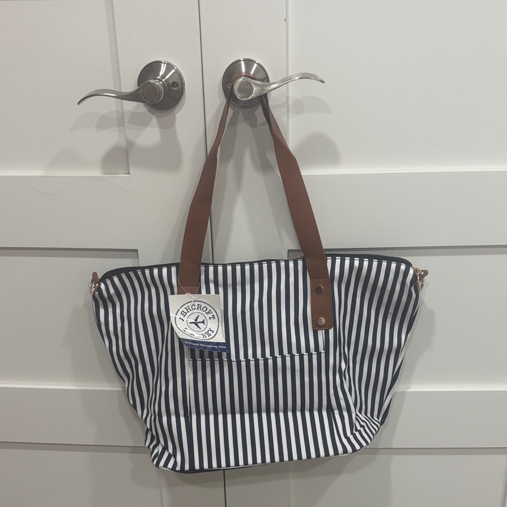 Striped Navy & White Tote with Brown Handles